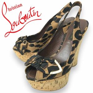 k121 Christian Louboutin クリスチャン ルブタン レオパード コルク ウェッジソール サンダル オープントゥ パンプス 34 正規品