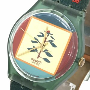 Swatch スウォッチ PONCHO 腕時計 GM122 クオーツ コレクション コレクター おしゃれ グリーン フラワー イラスト 電池交換済 動作確認済