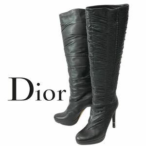 j95 良品 Christian Dior ディオール レザー ロングブーツ ブラック 黒 本革 ピンヒール　35.5 フォーマル 正規品 レディース
