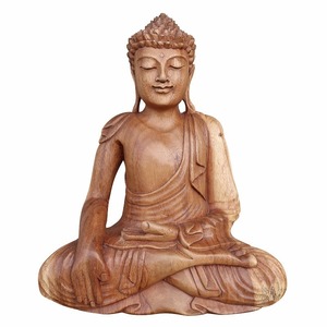 ブッダの木彫り 32cm 座像 スワール無垢材 木製仏像 仏陀置物 釈迦 観音菩薩 ブッダオブジェ 080727