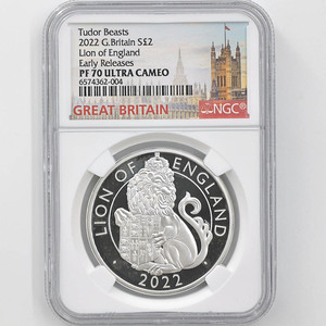 2022 英国 テューダー朝の紋章の獣コレクション イングランドのライオン（獅）2ポンド 銀貨 1オンス NGC PF 70 UC ER 最高鑑定 元箱付