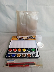 水彩絵具一式／ホルベイン／ケーキカラー C010 透明12色セット／絵筆、筆洗、鉛筆、消しゴム付／通信教育教材 