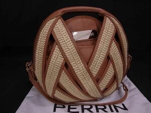 ■新品同様■ PERRIN ペランパリ プチ パニエ スモール ラフィア×レザー 2WAY ハンドバッグ ショルダー クロスボディ ベージュ系 FA3643