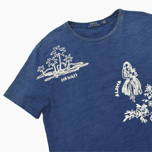 良品 POLO RALPH LAUREN ポロ ラルフローレン 藍 インディゴ コットン 刺繍 Tシャツ size.M アロハ ハワイアン RRL 