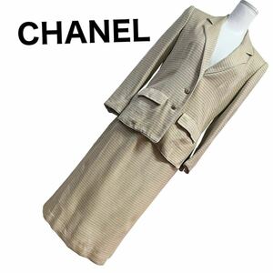 【即決☆CHANEL】シャネル　セットアップ　ジャケット　スカート　スーツ　ベージュ　ブラウン　ツイード　入学　フォーマル