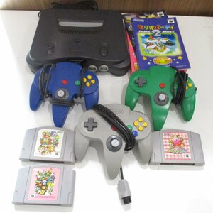 ○ NINTENDO 64 本体 コントローラー3個 ゲームソフト3本 まとめて ニンテンドウ64 ジャンク品　マリオパーティ1，2 星のカービィ64