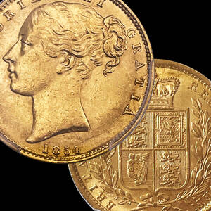 ★TOP5★ AU58 1854 ヤングヴィクトリア シールド イギリス 1ソブリン 金貨 PCGS アンティーク コイン 硬貨 世界コイン ロイヤルミント