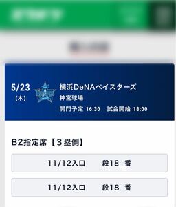 5/23(木) ヤクルトVS横浜 18時 神宮球場 B2指定席3塁側 ペアチケット