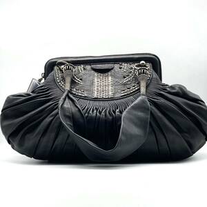 Christian Dior クリスチャンディオール がま口 プリーツ レザー ハンドバッグ ショルダーバッグ トート 肩掛け可 ブラック 黒ヴィンテージ