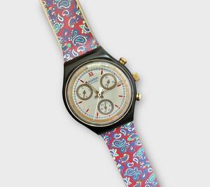SWATCH 腕時計 クロノグラフ vintage 稼動品 swatchスウォッチ SCB108 クロノスイス ペイズリー柄 ゴールド(金色) 1992年モデル