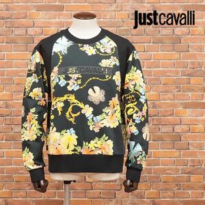 1円/Just cavalli/Mサイズ/丸首トレーナー スウェット快適◎ 花柄 ロゴ レタード レトロ ストリート 新品/黒/ブラック/id223/