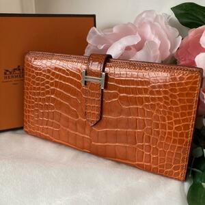 定価１３０万円超【極美品・唯一無二】エルメス HERMES ベアンスフレ アリゲーター 鰐革 長財布 H金具 希少色 センター取り クロコ 