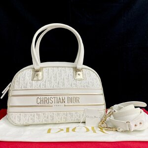 未使用保管品 袋付 Christian Dior ディオール ミディアムクラシック ボーリングバッグ オブリーク レザー 2way ショルダーバッグ 白 775-6