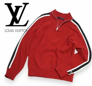 18AW Louis Vuitton カシミヤ×シルク混 ウール ハーフジップニット ルイヴィトン 袖ライン LVロゴ H/ZIP セーター ワインレッド L JZ-19