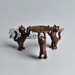 茶蓋置く 急須 茶托 真鍮 純銅製 猫形 置物 民芸品 細密彫刻 茶道具 総高4.5cm z1445