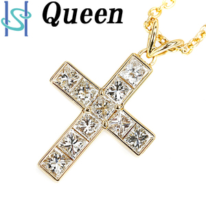 クイーン プリンセスカット ダイヤモンド ネックレス 1.57ct K18YG 十字架 クロス Queen 美品 SH90961