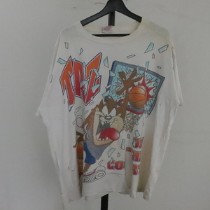 d328 90sビンテージ NOVEL半袖プリントTシャツ■1990年代製 表記Lサイズ ホワイト タズマニアンデビル ボロ 襤褸 BORO アメカジ ストリート