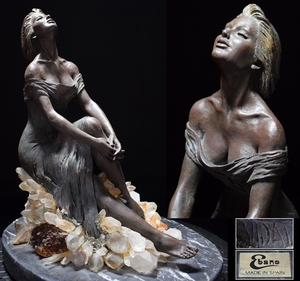 西洋彫刻家【Ebano/VIDAL】ブロンズ銅『美人女性像』水晶座 置物 大理石台 高37.5cm/10.1kg 