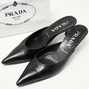 GP7577*イタリア製《PRADA プラダ》36(23cm相当) ポインテッドトゥ レザーミュール サンダル 靴 黒 ブラック