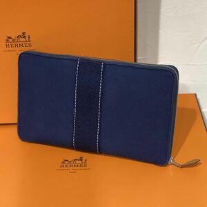 美品 HERMES パースGM ラウンドジップ長財布 ネイビー 濃紺 札入れ カード入れ 小銭入れ フールトゥ キャンバス セリエ vintage