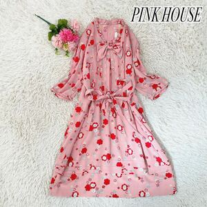 【美品】PINK HOUSE ピンクハウス　ちりめん　うさぎ柄リボン付フリル襟ワンピース