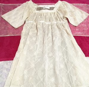 亜麻色アイボリー十字刺繍シフォンネグリジェチュニックワンピース Flax color ivory cross embroidery chiffon negligee tunic dress