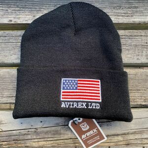 国内正規品 AVIREX アヴィレックス 星条旗 USA フラッグ ニット帽 ニットキャップ 黒 ブラック Black タグ付き 刺繍ロゴ 男女兼用 