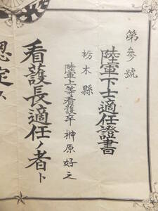 　☆　陸軍 適任/卒業証書 同人2枚 陸軍歩兵○○「陸軍看護学卒業 看護長/下士官適任」日本陸軍 第14師団/宇都宮衛戍病院 歩兵59連隊　☆