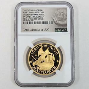 金貨【最高鑑定】2020年 イギリス ロイヤルミント メイフラワー号400周年金貨 鑑定 NGC PF70 ULTRA CAMEO One of First 100 Struck