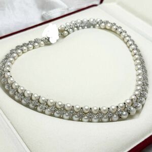 ハイジュエリーデザインネックレス二連6-8mm 41cm 天然 ーパールネックレス 本真珠ネックレスPearl jewelry necklace 