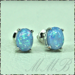 [EARRING] Oval Blue Opal ブルー ファイア プレシャス オパール 7.7mm オーバル ストーン スタッド ピアス 【送料無料】