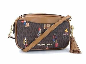 1円 ■極美品■ MICHAEL KORS マイケルコース MK柄 PVC×レザー タッセル クロスボディ ショルダーバッグ レディース ブラウン系 FA1515