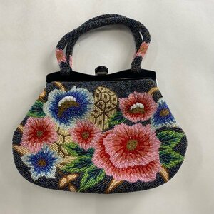 和装バッグ 美品 優品 ビーズバッグ フォーマル 草花 紺色 ビーズ 和装小物 【中古】