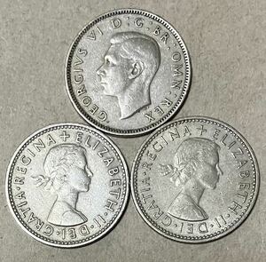 イギリス　1シリング　2種　3枚　外国コイン　エリザベス　ジョージ　イギリスコイン　古銭　外国銭　海外コイン　アンティーク