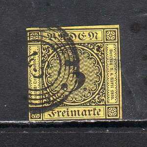 194027 ドイツ領邦バーデン 1851年 普通 数字 3k 黒 on 黄色着色紙 使用済