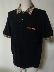 HYSTERIC GLAMOUR ヒステリックグラマー 半袖 ポロシャツ 刺繍 襟リブ 豹柄 フリー 日本製 ニット カットソー 黒/オゾンコミュニティ