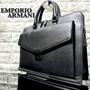 ●漢の仕事鞄 EMPORIO ARMANI エンポリオアルマーニ ビジネスバッグ ブリーフケース レザー ブラック コンパクト 黒 A4収納可 ダブルジップ