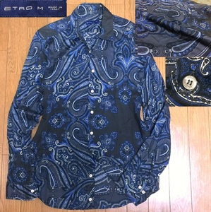 高級 ETRO エトロ イタリア製 ペイズリー 総柄 コットン 綿100% 長袖 シャツ メンズ M 青 ブルー ダークグレー系