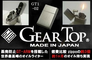 送料210円～ZIPPOの3倍のオイル燃費(約30日)！日本製 GEAR TOP(ギアトップ)フリント式オイルライターGT1-02(ニッケルサテン鍍金)真鍮製