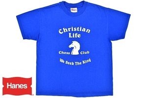 S-3464★送料無料★Christian Life Chees Club チェスクラブ★アメカジプリント Hanes ブルー 半袖Tシャツ L ユース 14-16 S相当