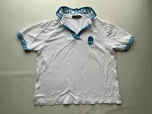 HYDROGEN メンズ 2XL 刺繍ロゴ 白 水色 ブルー 半袖 ポロシャツ / ハイドロゲン 大きめ ビッグサイズ