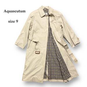 美品 Aquascutum アクアスキュータム ステンカラー コート 裏地 チェック ベージュ レディース 肩ソフトパッド入り ベルト付き 日本製 9 M