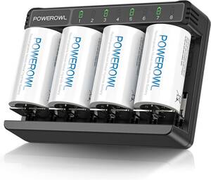 充電器+単一電池X４本 POWEROWL 単一充電池 充電器 セット 単一電池・単二電池・単三電池・単四電池 8本同時充電可能 ニ