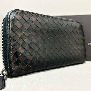 1円◆BOTTEGA VENETA ボッテガヴェネタ 長財布 イントレチャート ラウンドファスナー レザー 本革 メンズ バイカラー ジッピー ブラック 茶