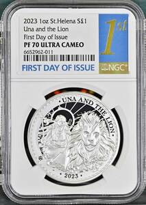 23枚のみ 2023年 セントヘレナ ウナとライオン 1ポンド 1オンス プルーフ 銀貨 NGC PF70 ULTRA CAMEO First Day of Issue イギリス