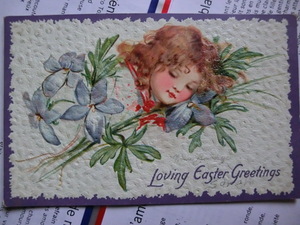 アンティーク　古いポストカード・絵葉書 * お花に囲まれて眠りにつく少女 * 　F. ブランデージ サイン有 1908年消印