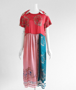 COMME des GARCONS ◆19SS ヴィンテージスカーフ柄 ワンピース ドレス (レッド/グリーン/ピンク S) 半袖 シルク混 コムデギャルソン ◆ZX20