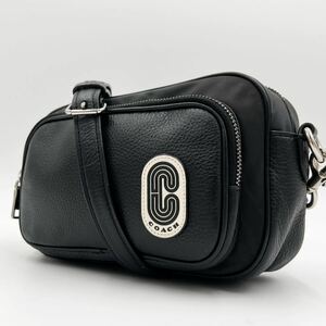 【未使用級】COACH コーチ メンズ スリム 肩掛け クロスボディ ウエスト ショルダー バッグ 革 レザー ナイロン ブラック 黒 ビジネス