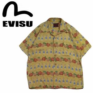 極美品 50s復刻 EVISU フラガール ボーダーパターン レーヨン 開襟 半袖アロハシャツ ハワイアン メンズ38 エビス エヴィス ヤマネ 2404228