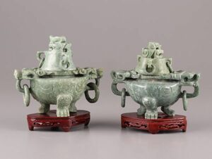 中国古玩 唐物 緑砡石 翡翠 置物 遊環 香炉 二点 時代物 極上品 初だし品 C5833